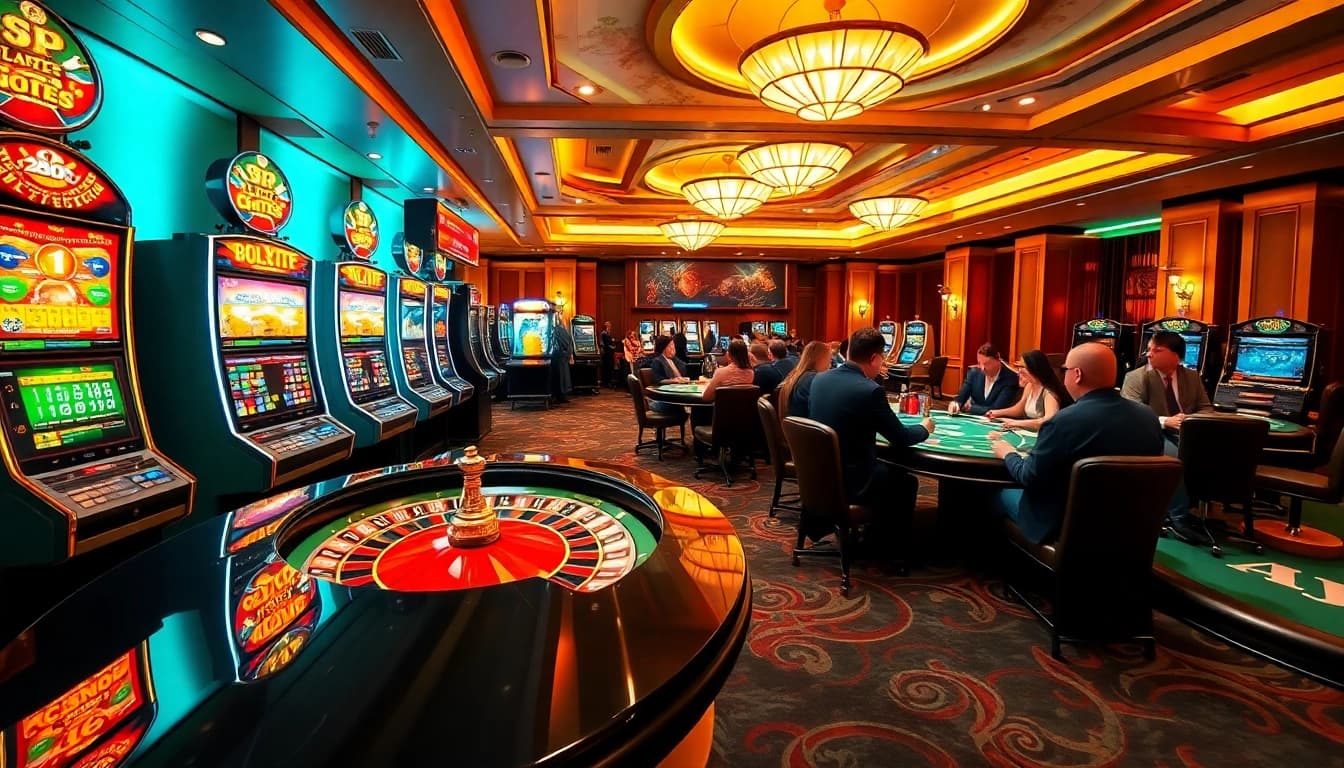 Players enjoying casino games at 39BET, celebrating wins amidst vibrant slot machines.