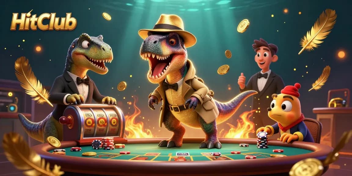 HitClub showcases a lively scene with a velociraptor card counter and stegosaurus pit boss at a blackjack table.