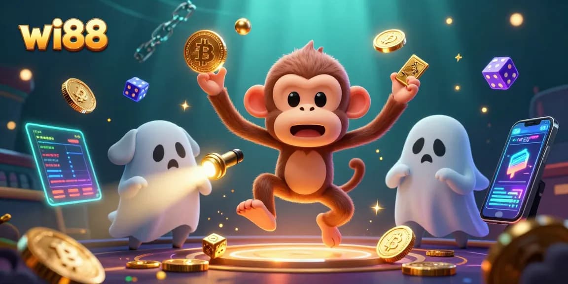 Experience thrilling gambling action with wi88 in a vibrant 3D casino scene filled with golden coins and crypto!