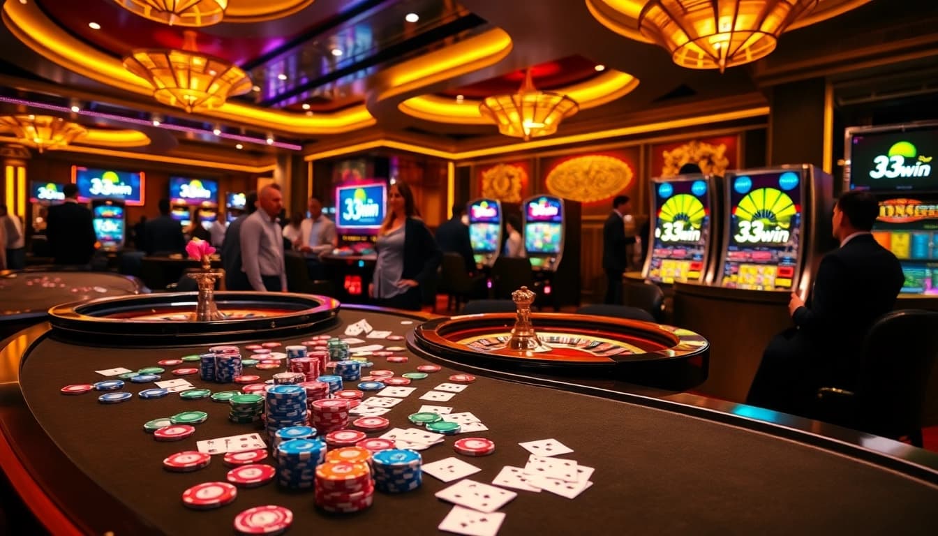 Exciting gameplay at 33win casino with colorful chips, poker cards, and a roulette wheel.