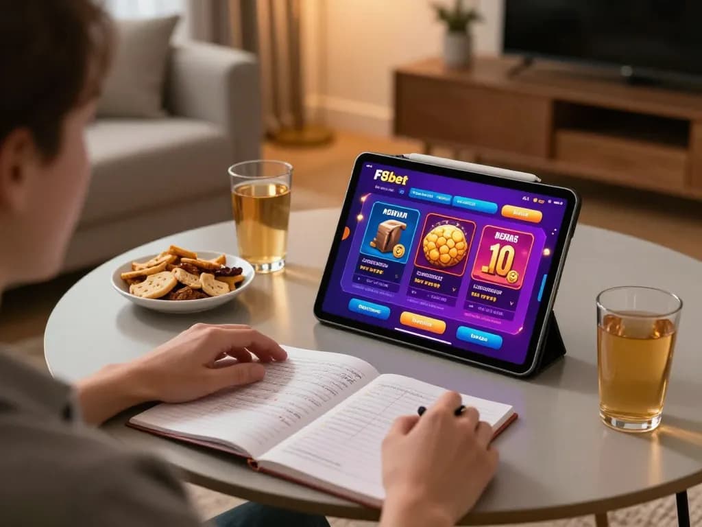 Engaging F8bet online gaming scene with a person interacting with a tablet in a cozy home.