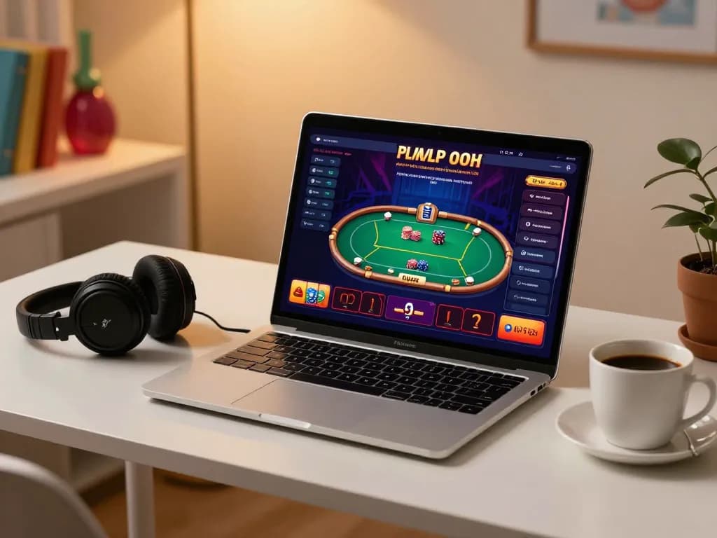 Engaging in online gaming at home with GA8888 on laptop, showcasing vibrant casino interface.