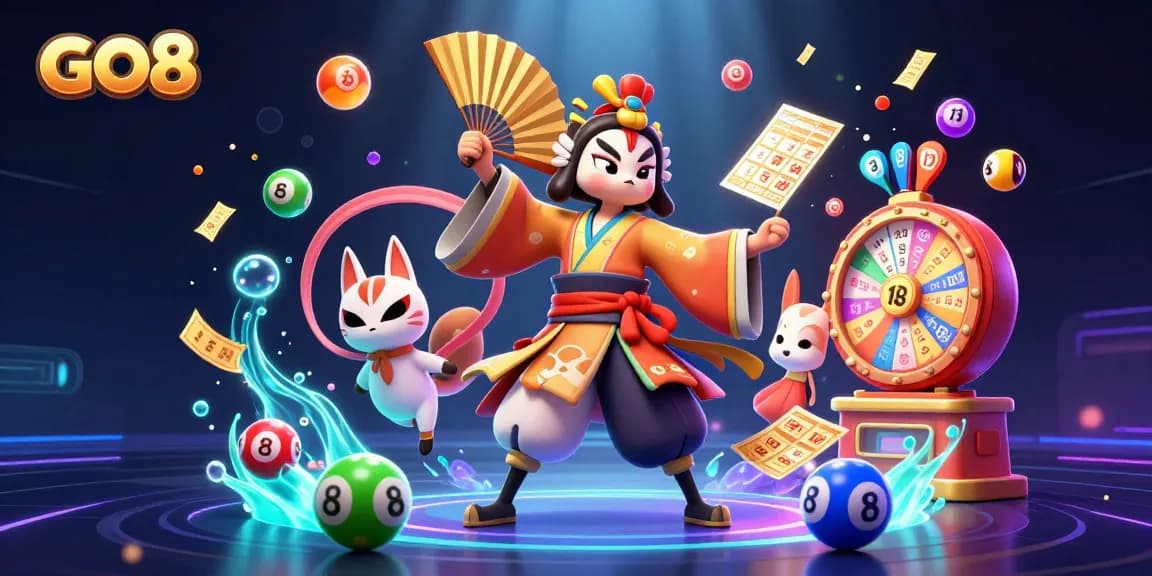 Win exciting prizes at GO8 with colorful lottery balls, spinning wheels, and engaging casino elements.