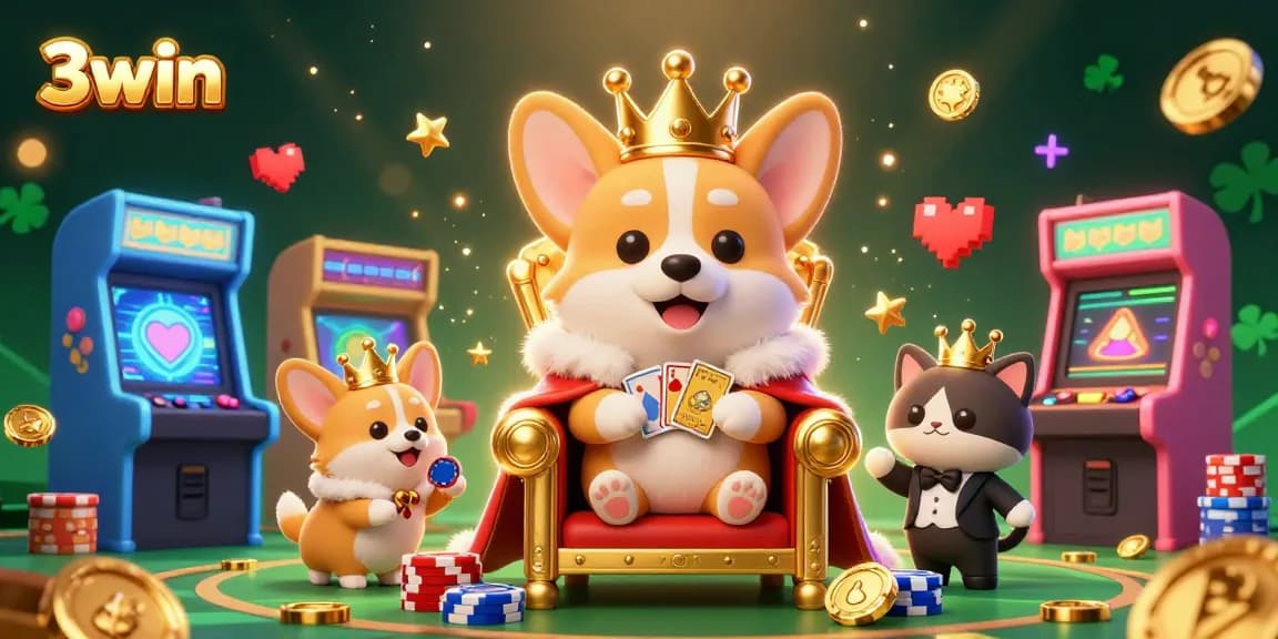 3win offers thrilling casino action featuring a royal corgi on a poker chip throne amidst vibrant gaming elements.