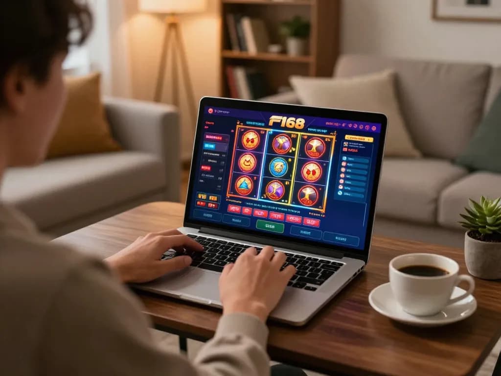Engaging online casino gaming experience with F168 interface visible on laptop screen, creating an inviting atmosphere for strategic gameplay.