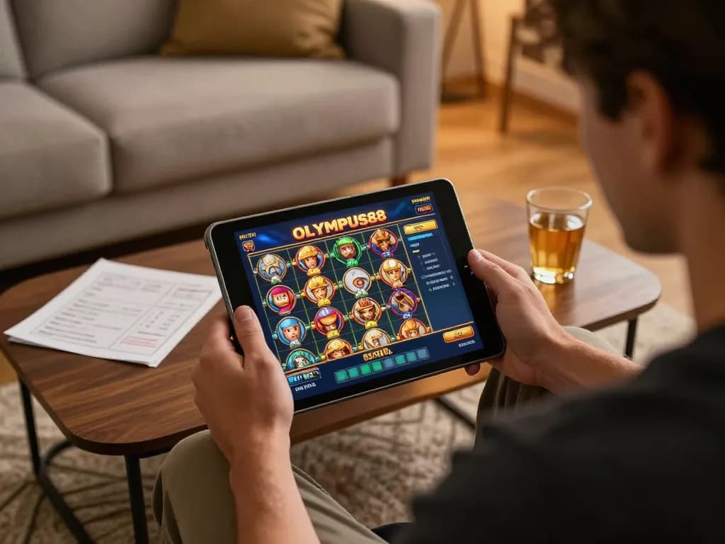 Player enjoying OLYMPUS88 slot on tablet in warm living room atmosphere, showcasing online gambling experience.