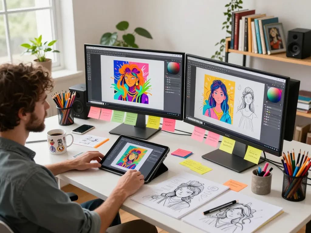 Artist generating unique image prompts for AI art in vibrant creative workspace.