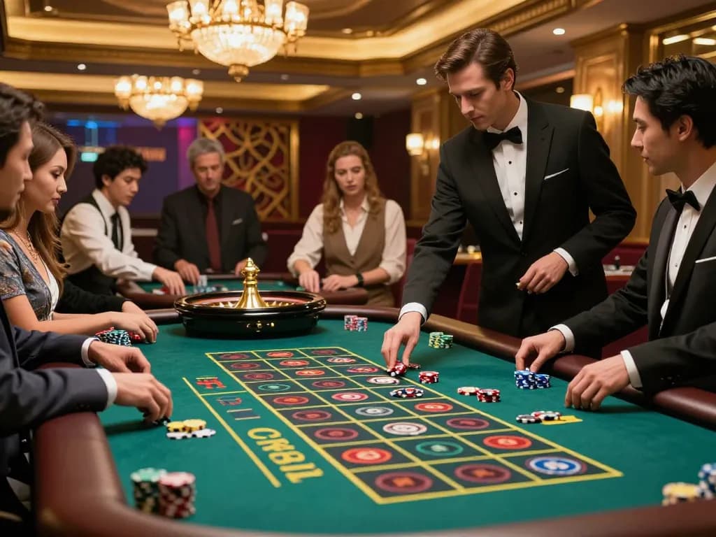 Players strategizing bets at a lively roulette table at 789WIN casino, showcasing vibrant gaming atmosphere.