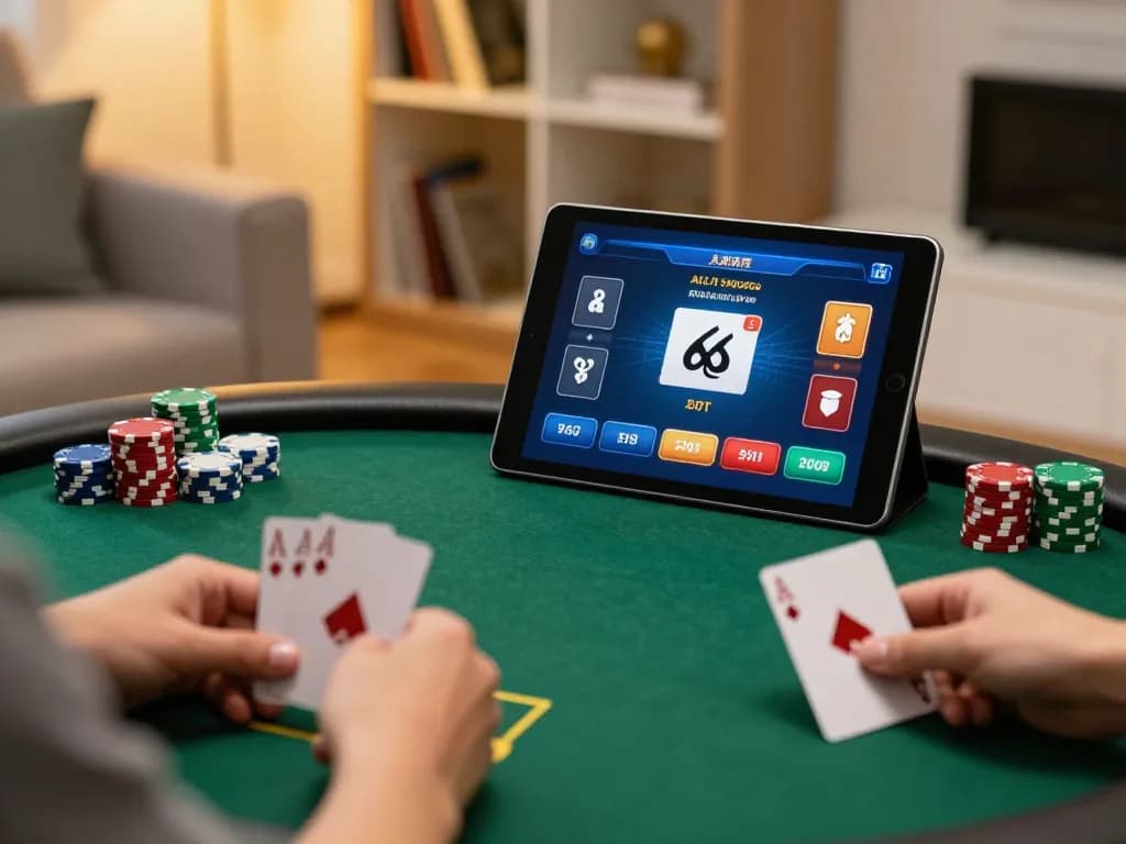 NK88 players engaging in online poker with strategic card plays at home.