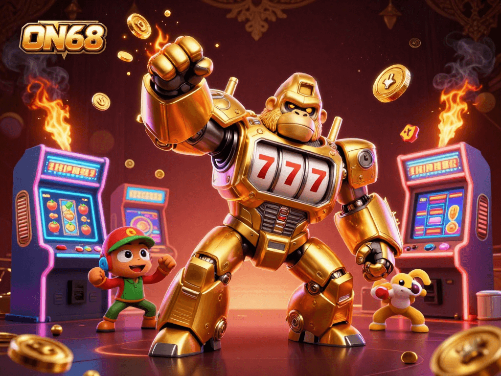 Experience the excitement of ON68 with a 3D golden gorilla mech surrounded by lively casino elements.