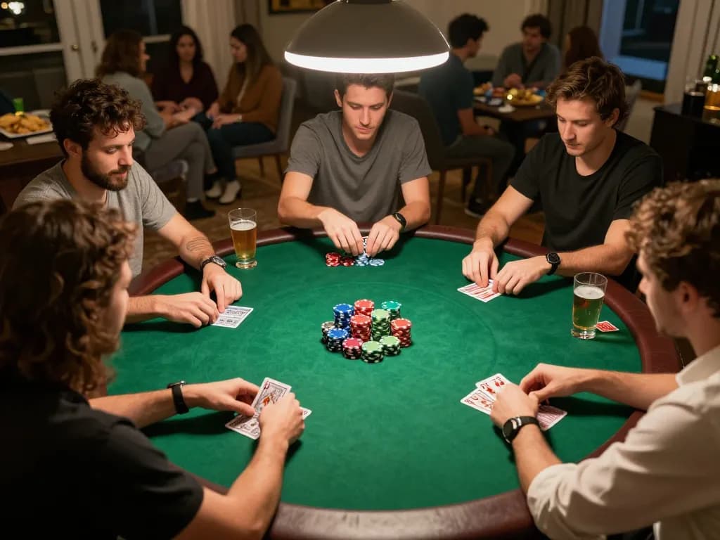 tg8 players enjoying a lively poker game with chips and cards in a cozy home setting