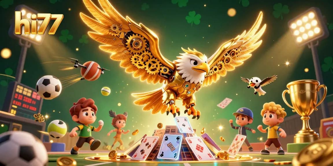 Engage with hi77's vibrant gaming scene through a 3D golden eagle diving amidst holographic cards and sports elements.
