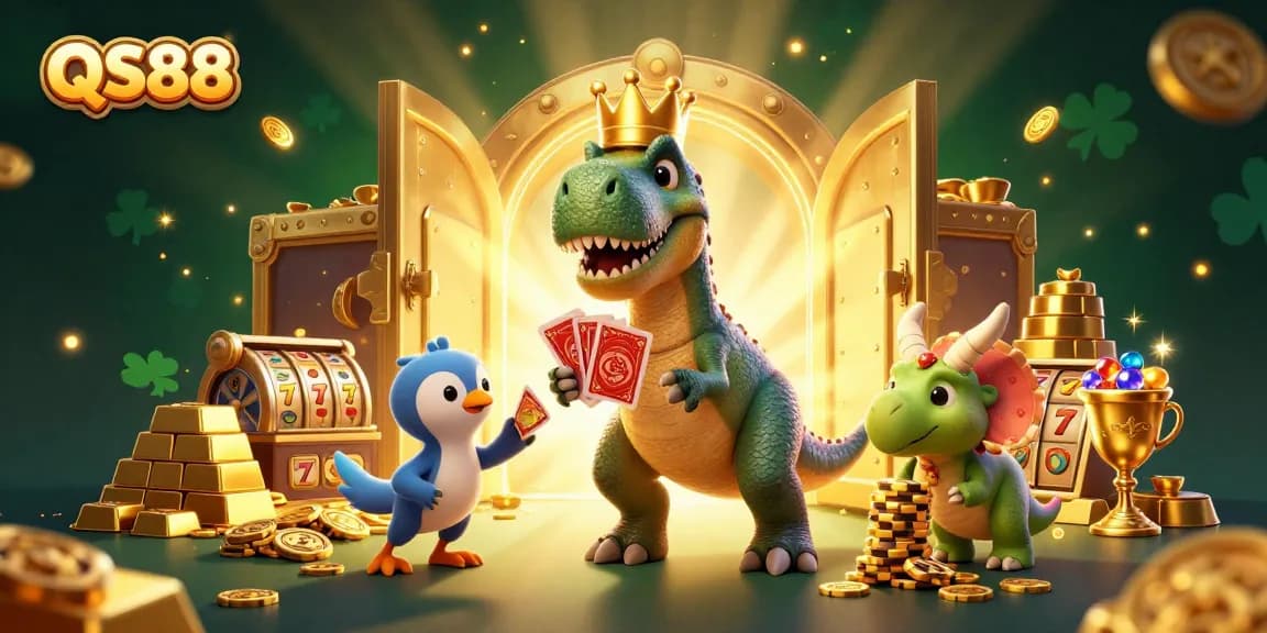 Experience excitement at QS88 with a dynamic 3D illustration of a T-Rex, card shuffling, and golden chips.