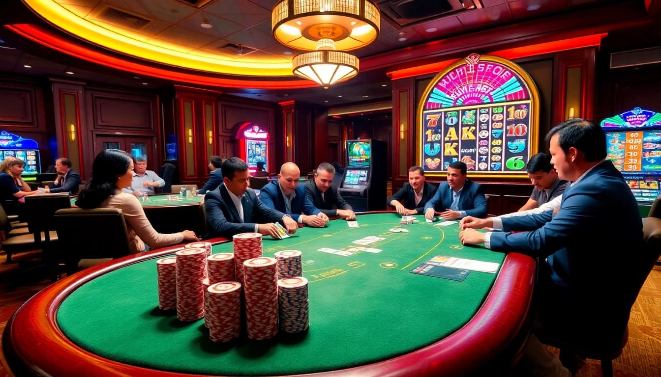 Exciting scene of gamblers playing poker at HM88 casino with vibrant colors and luxurious decor.