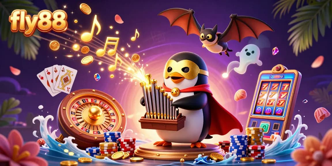 Experience excitement at fly88: mythical penguin playing pipes as golden coins rain down in a spectacular casino setting.