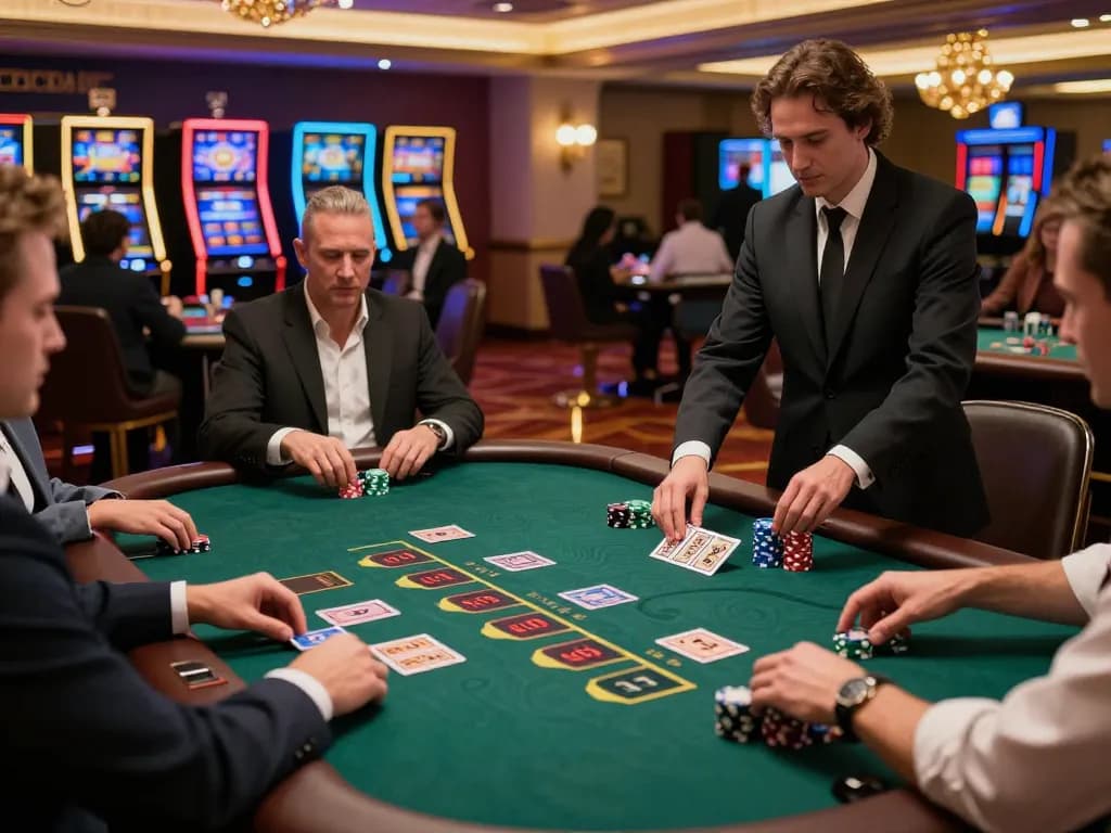 Players enjoying a thrilling game of blackjack at 33WIN casino with engaging dealers.