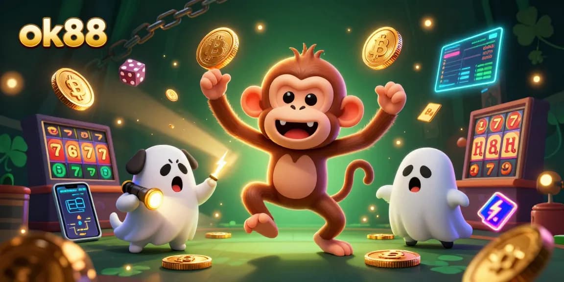 Engage with ok88's thrilling casino environment featuring a ghost-hunting puppy and playful poltergeist.