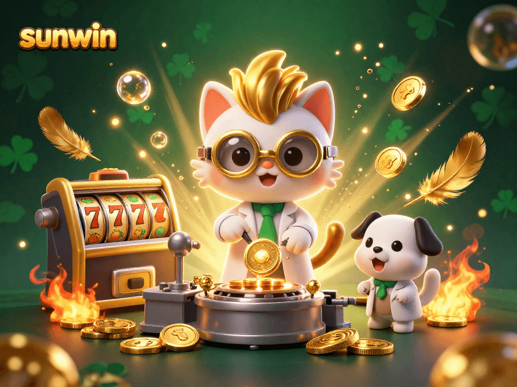 Sunwin unleashes rich casino excitement, featuring a mad scientist cat and assistant in a vibrant, dynamic scene.