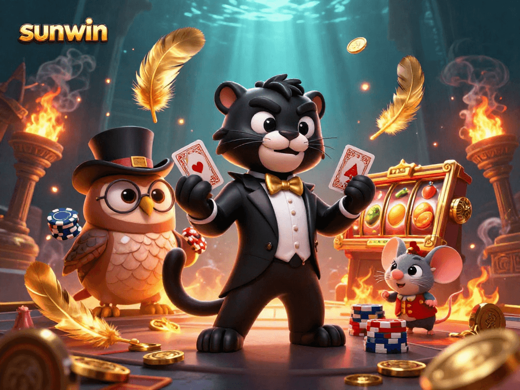 Engage in thrilling gameplay at sunwin with a dynamic scene of casino excitement featuring cards, chips, and vibrant casino elements.