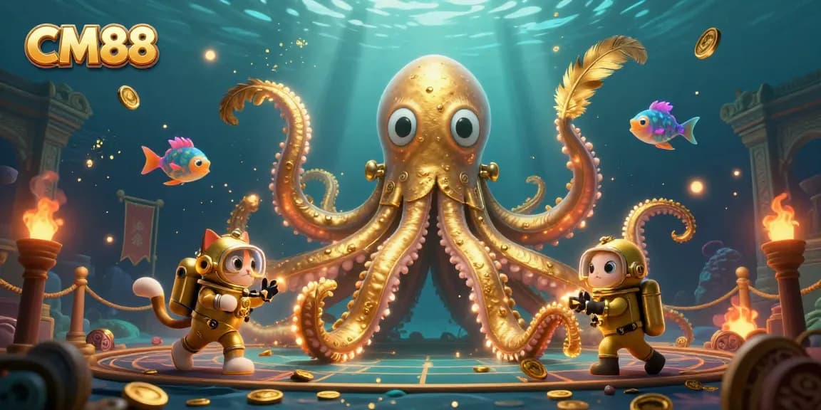 Engage in exhilarating gameplay with CM88's colossal kraken and diving cat in a vibrant underwater scene.