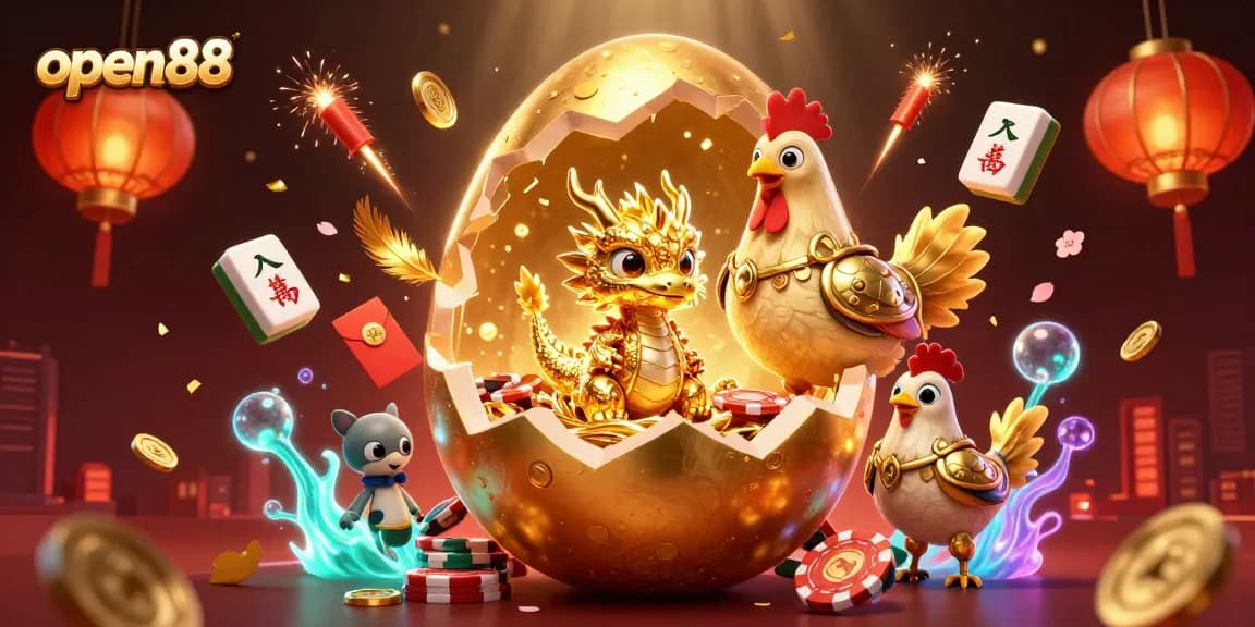 Win big with open88's dynamic illustration of a golden dragon and poker chips in a vibrant casino scene.
