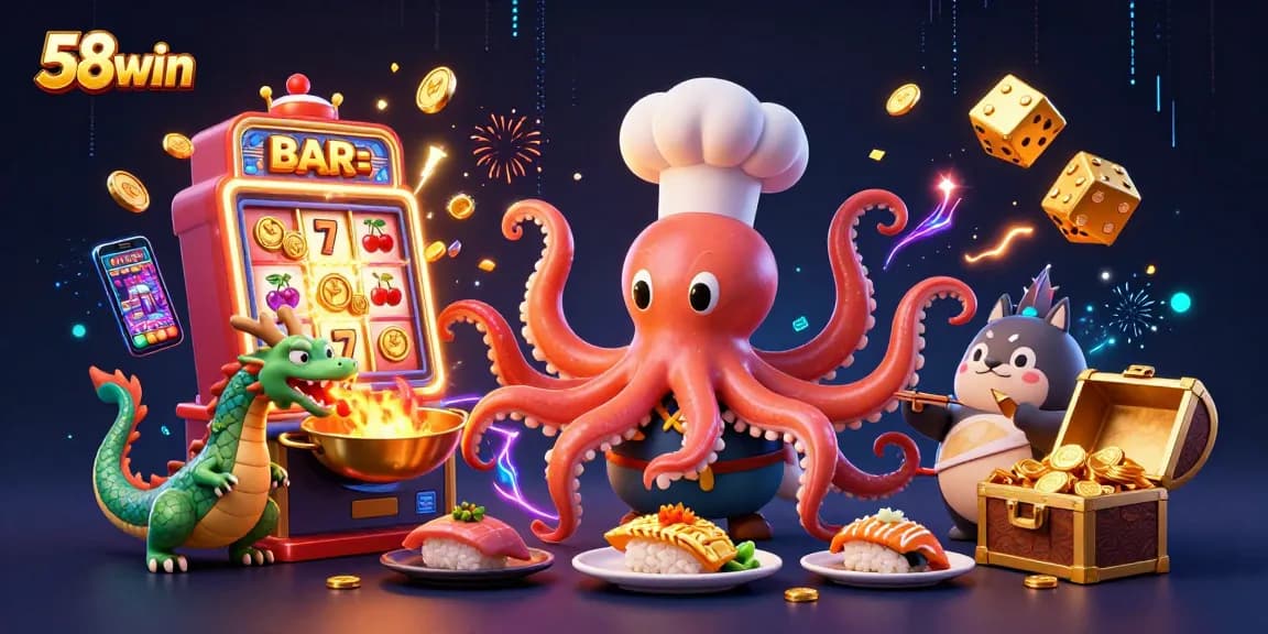 Engage in thrilling gameplay with 58win, featuring a vibrant casino scene with cheerful characters and explosive jackpots.
