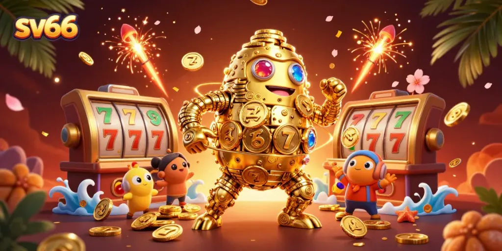 Spin the reels at sv66 with vibrant slots and golden golem characters in a dynamic casino scene.