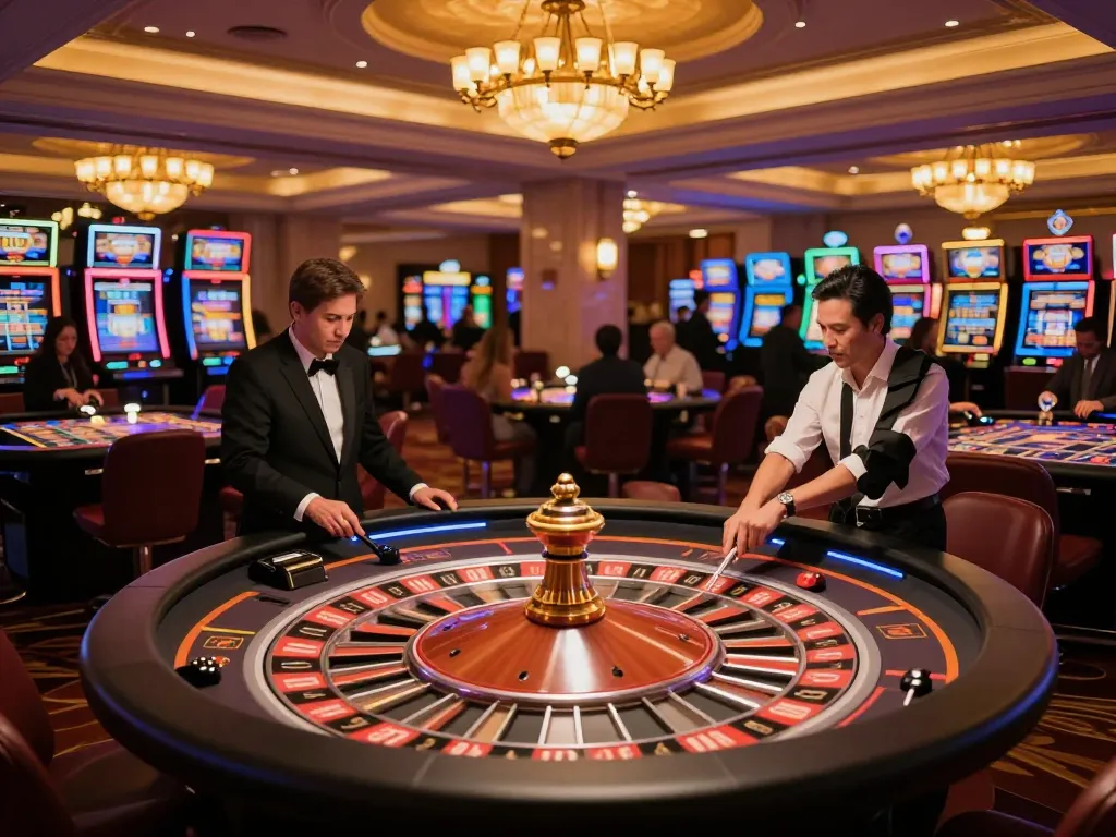 SC88 casino scene featuring players engaging at a roulette table with warm lighting and vibrant decor.
