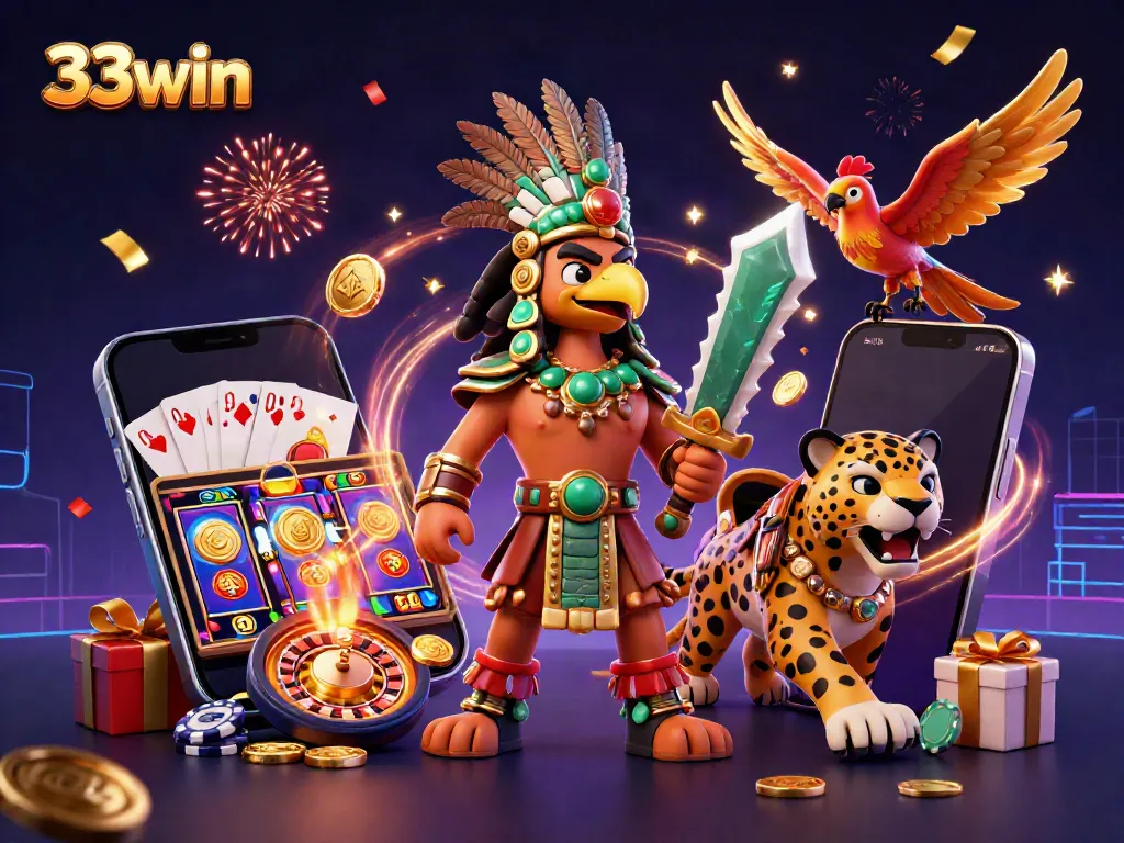 Experience thrilling gameplay at 33win with energized Aztec characters and vibrant casino elements.