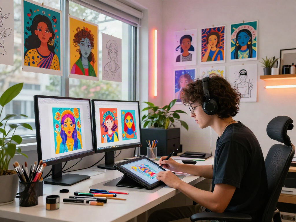 Artist creating vibrant NSFW-themed digital illustrations in a colorful art studio.