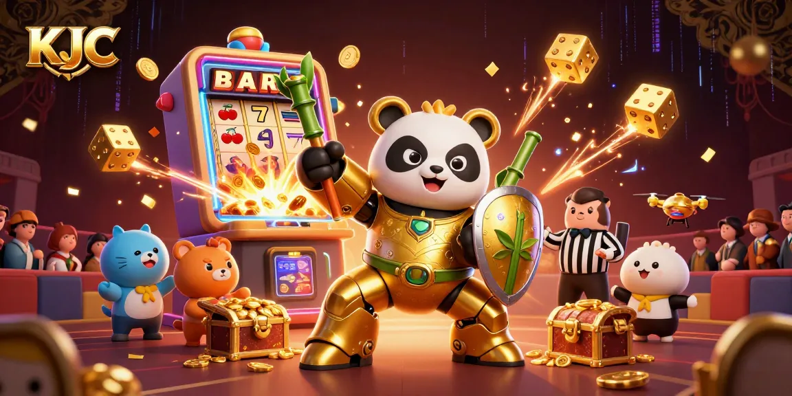 Experience KJC's thrilling jackpot scene with a golden panda robot amidst casino action.
