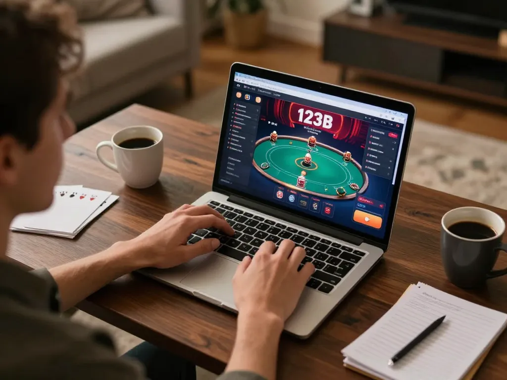 Engaging in strategic gameplay on 123B's online casino platform from a cozy home setup