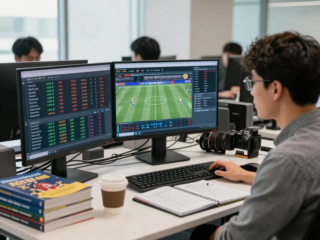 Sports analyst examining kèo nhà cái odds in a modern office