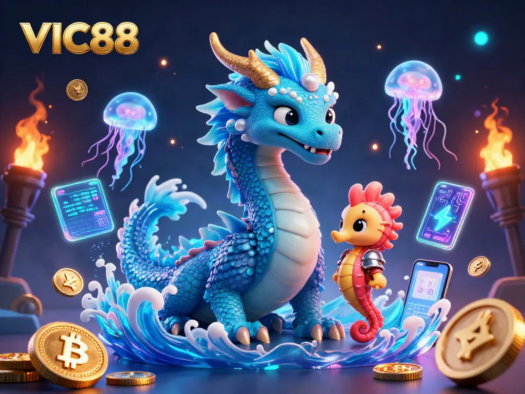 Experience the thrill of VIC88 with a captivating 3D dragon and glittering crypto coins.