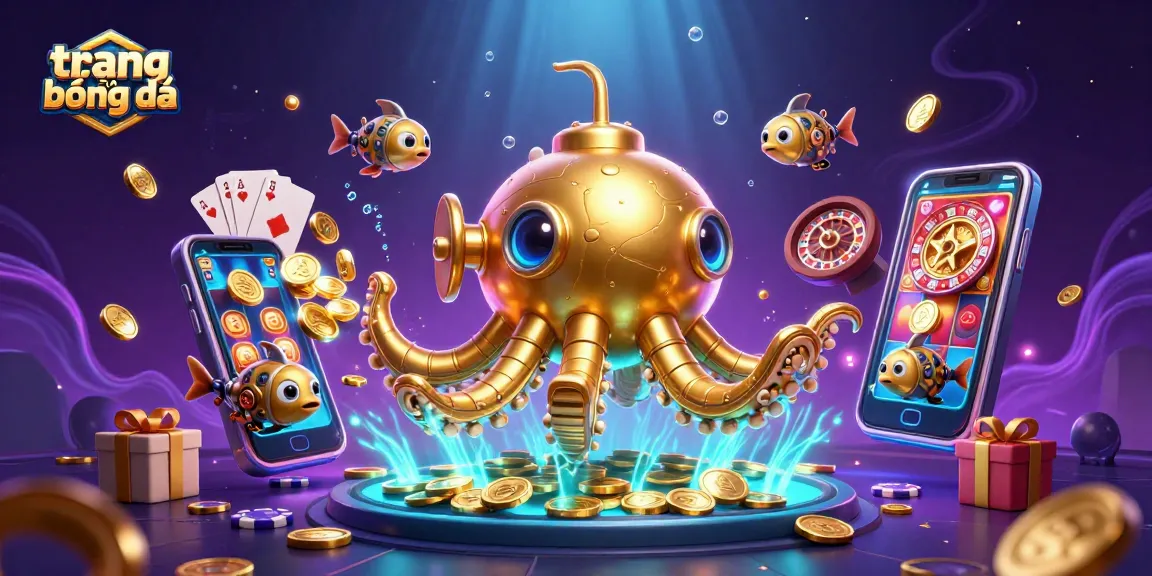 Engage with trang cá cược bóng đá through an ultra-detailed, vibrant 3D illustration featuring a kraken submarine in a treasure-filled underwater casino.