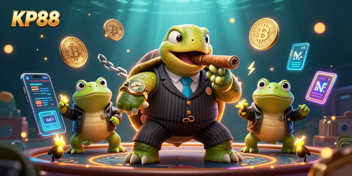Bet big and win with KP88 as characters showcase an exciting casino scene filled with crypto elements.