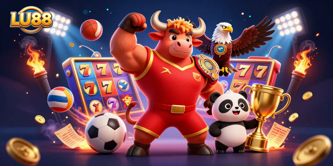 Win big at LU88 with a dynamic scene of a victorious bull, eagle, and panda celebrating gaming success.