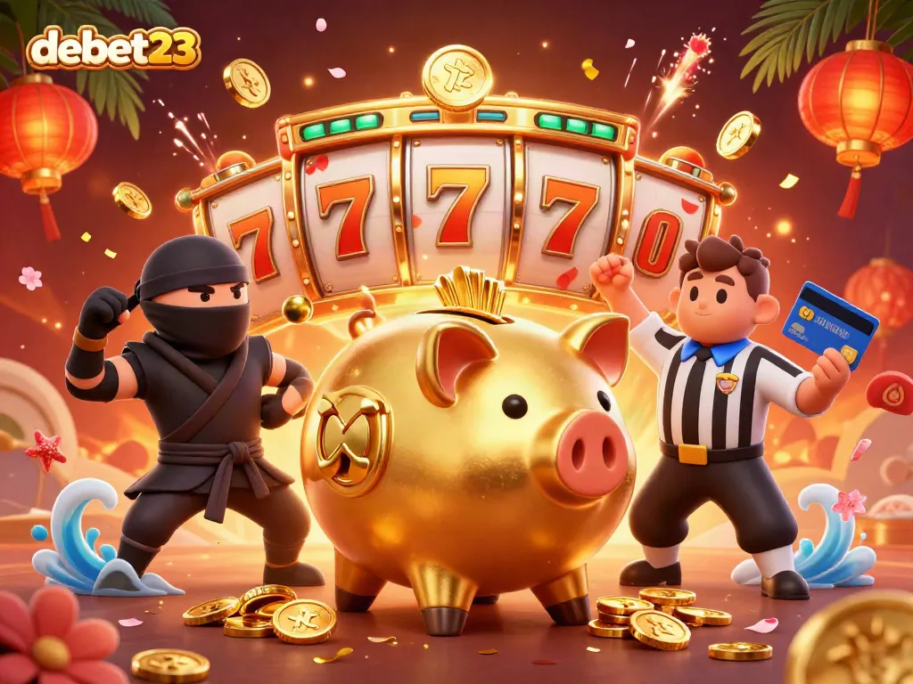 Engage with debet23's vibrant casino scene showcasing a golden piggy bank sumo wrestler, celebrating wins with firework effects.