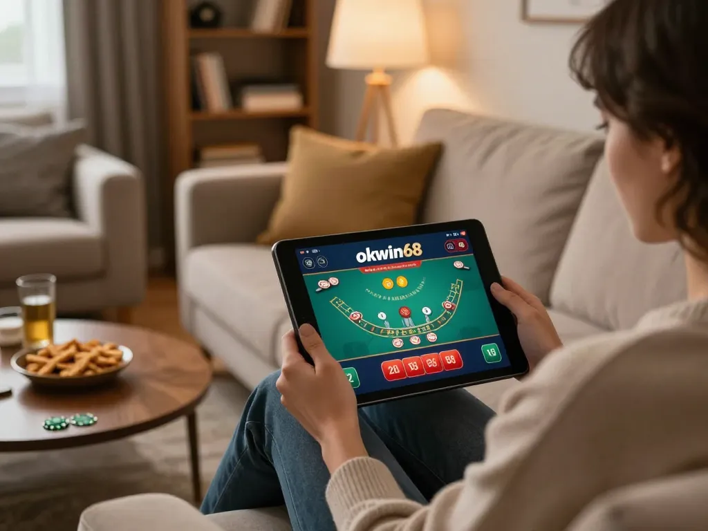 Player engaging with okwin68 online casino app showcasing live blackjack game on tablet.