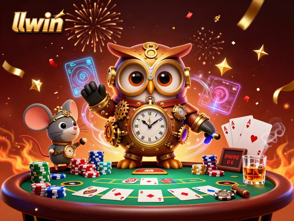 Experience exciting gameplay at llwin with a time-traveler owl and poker elements in a vibrant scene.