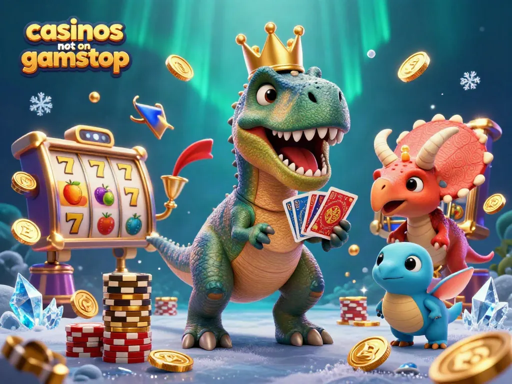 Engaging scene depicting casinos not on gamstop with a cheerful T-Rex shuffling cards and a baby triceratops stacking chips.