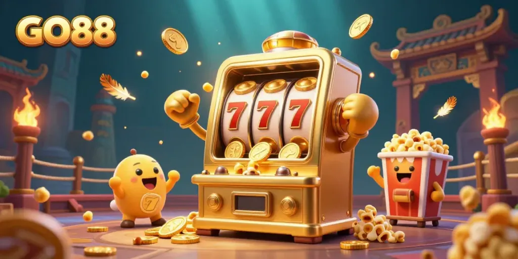 Spin to win at GO88 with our vibrant 3D slot machine jackpot illustration, celebrating exciting wins.