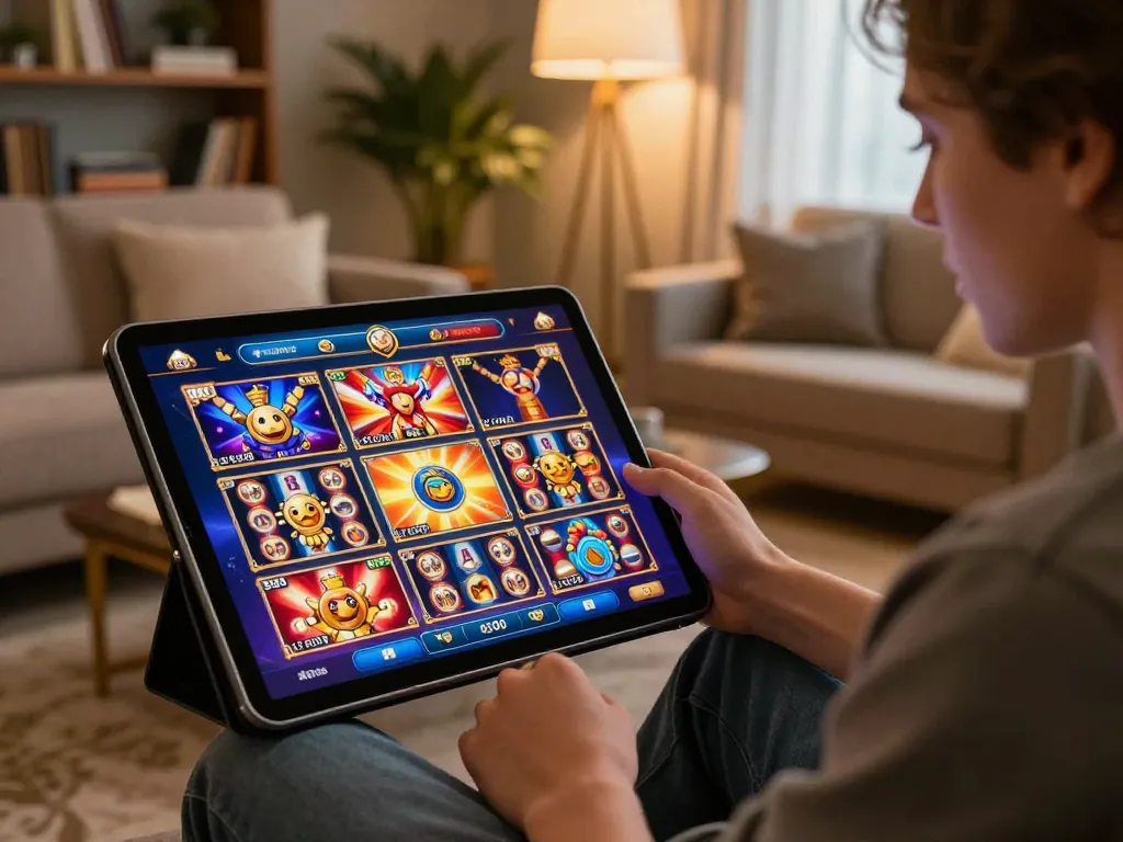Person engaging with hit club online slot games on a tablet, immersive home gaming atmosphere