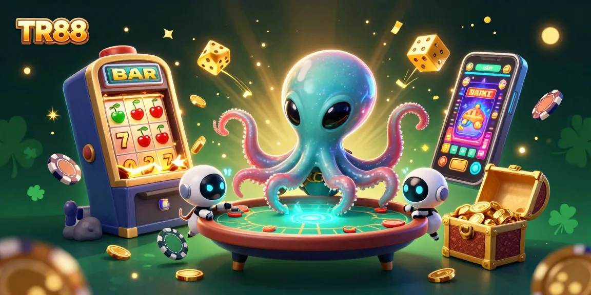 Experience exciting wins at TR88, featuring playful aliens, a poker table, and dynamic casino elements.