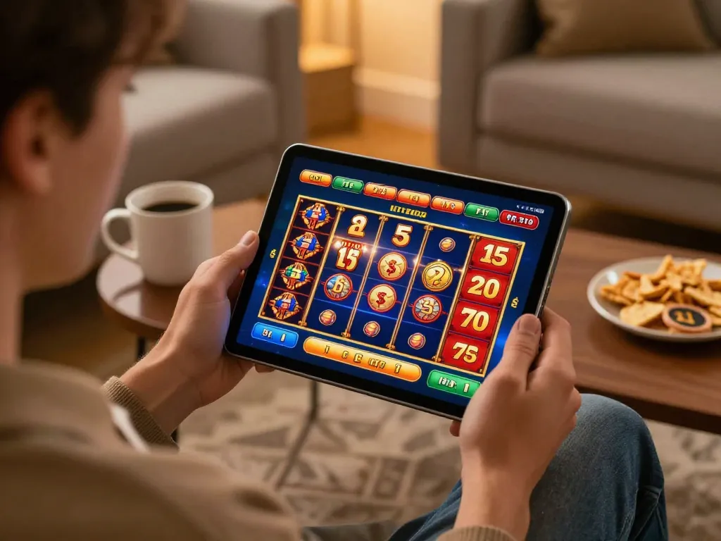 Active participant in online gaming at nhà cái fun79 showing various casino games on a tablet, enhancing gambling experience.