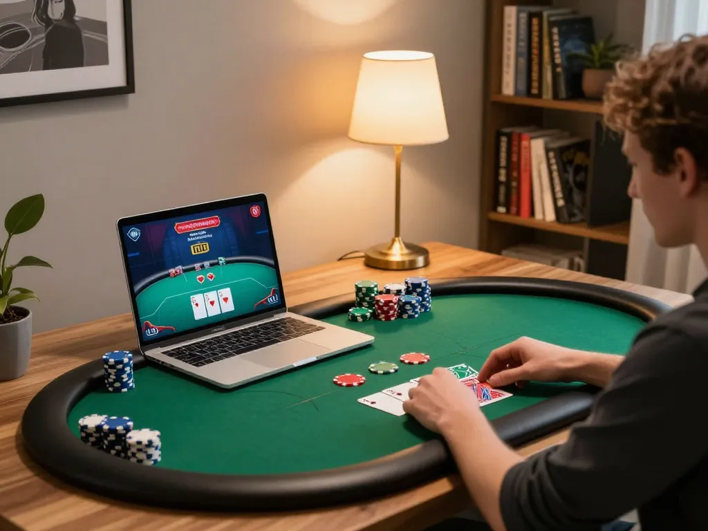 Engaging in poker on vb88's online platform, showcasing strategic gameplay in a cozy setting