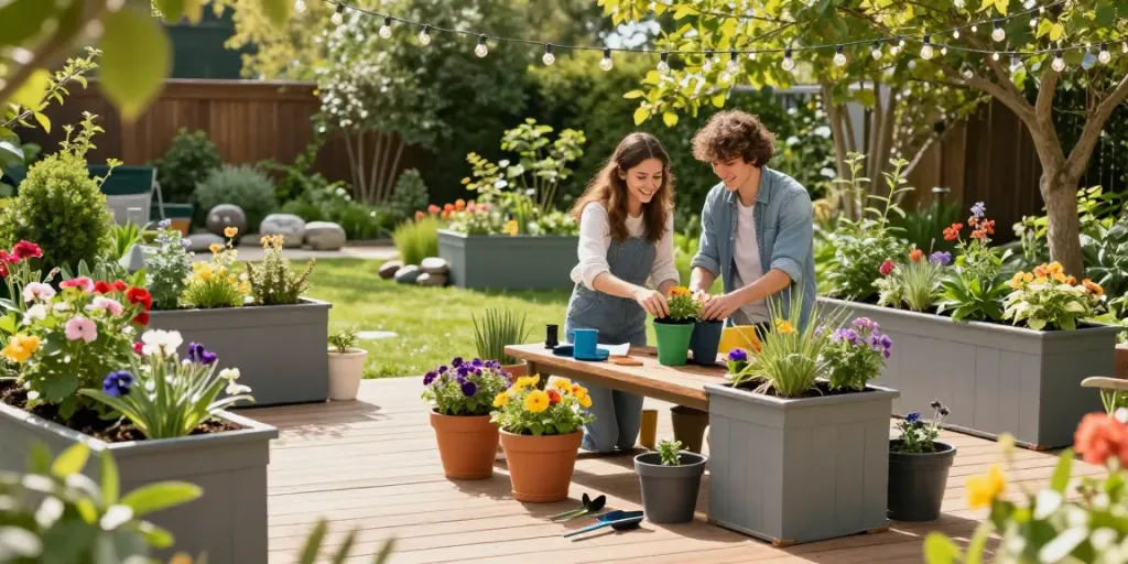 Idealist Planters in a vibrant outdoor garden setting with colorful flowers and a happy couple arranging plants.