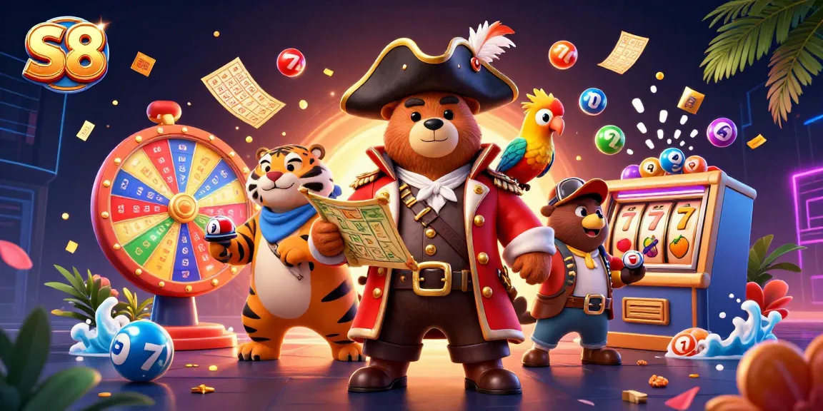 S8 creates excitement with a vibrant 3D scene featuring a pirate bear, tiger, and bingo elements.