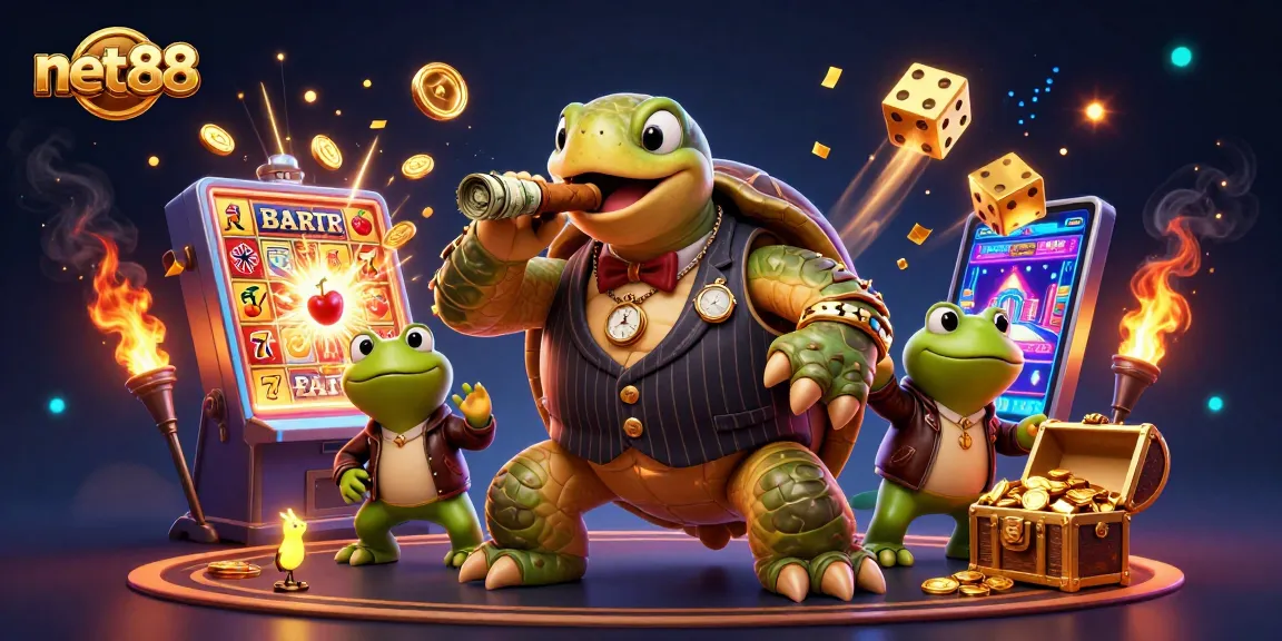 Play with net88 at a vibrant casino scene featuring a snapping turtle and dynamic casino elements.