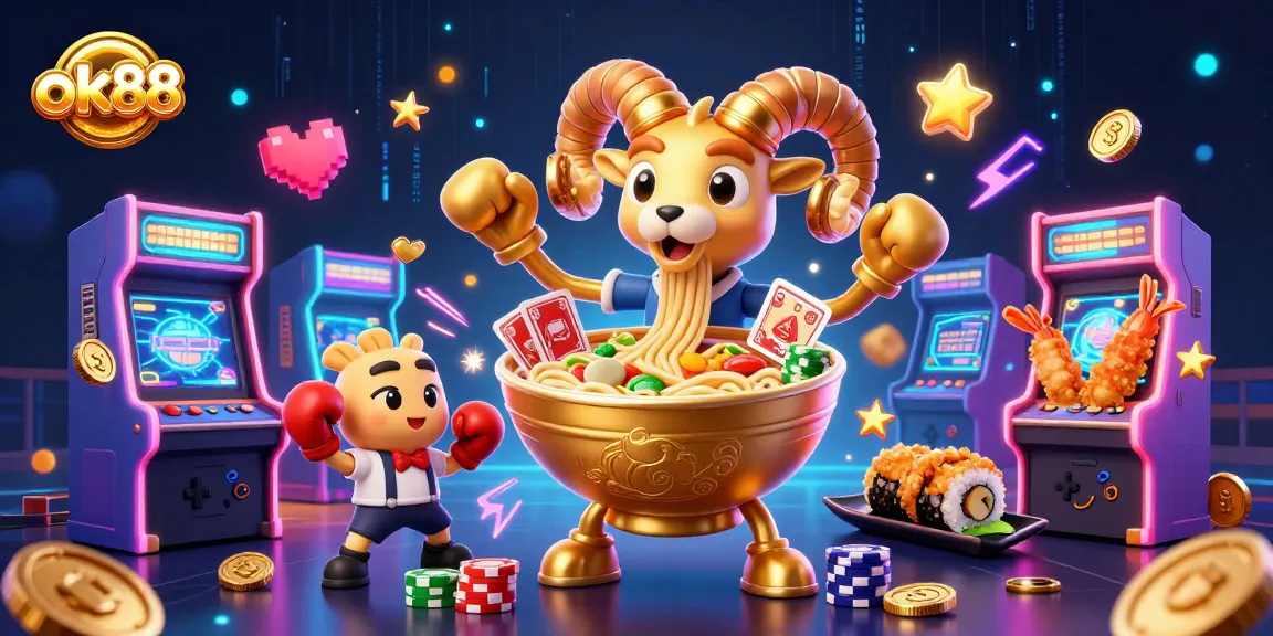 ok88 engages gamblers with a lively scene depicting arcade machines and colorful casino characters.
